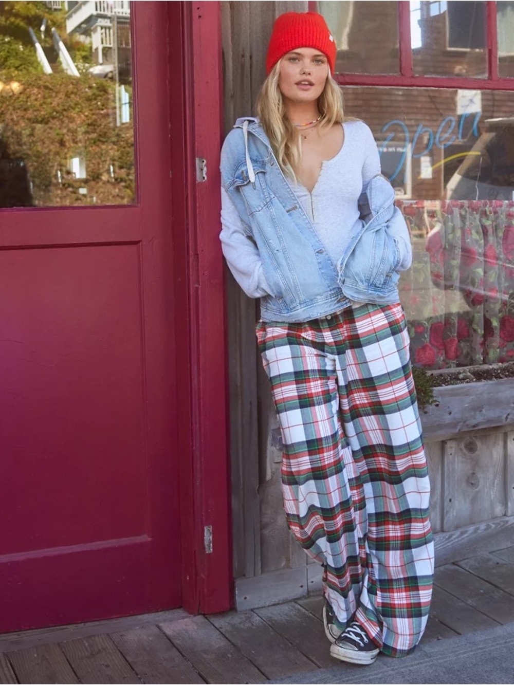 aerie Red, Green & White Plaid Wide-Leg Lounge Pants